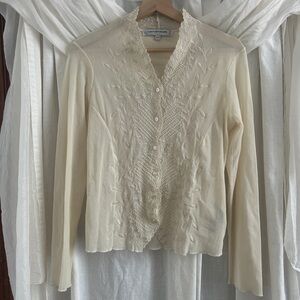 Vintage Y2K Ivory Embroidered Mesh Button-Up Cardigan